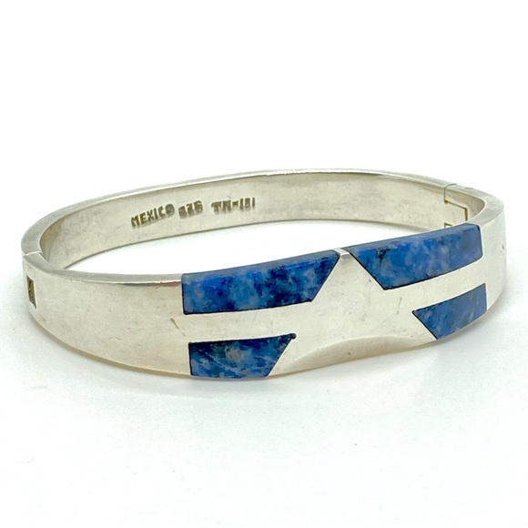 Vtg Taxco 925 Sterling Silver Lapis Pinch Bracelet TM-181 | 7” C | 1.9” D | 51g - Picture 1 of 13